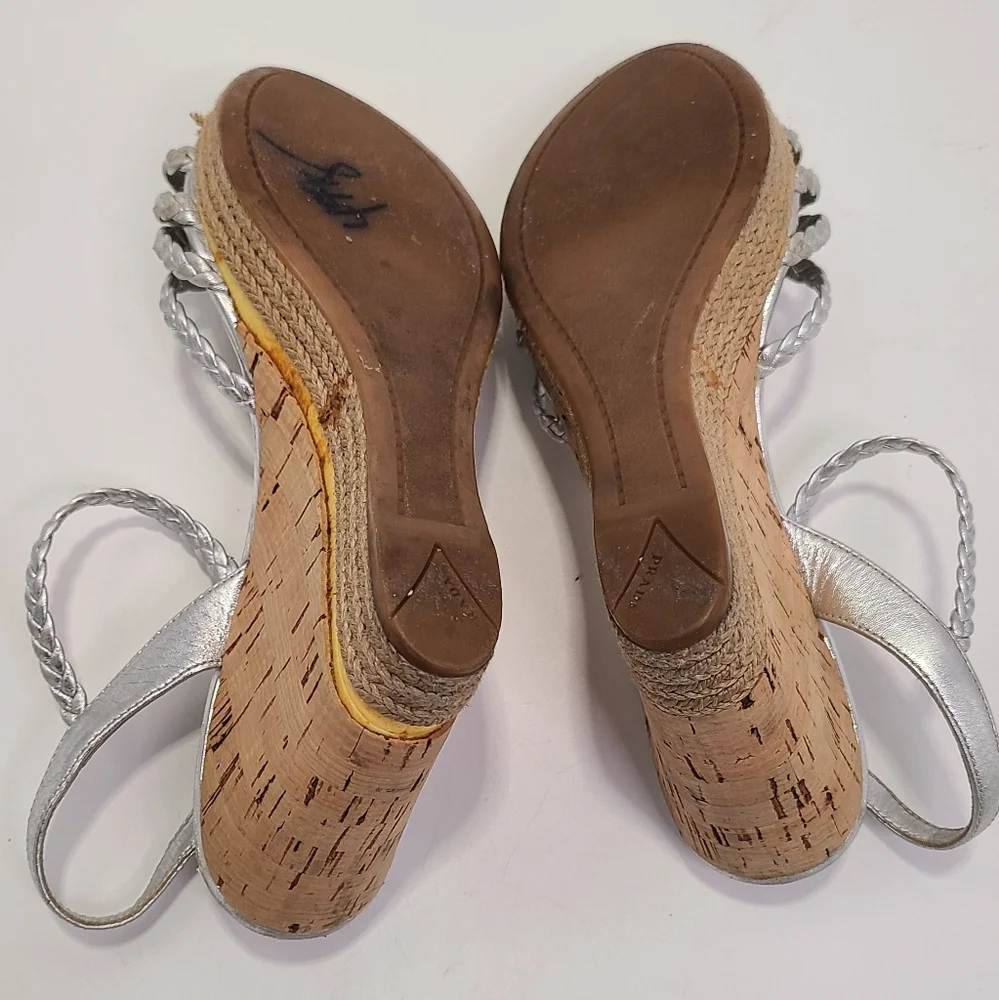 Prada silver leather strappy Wedge heel with Cork Heel peep toe size‎ 38